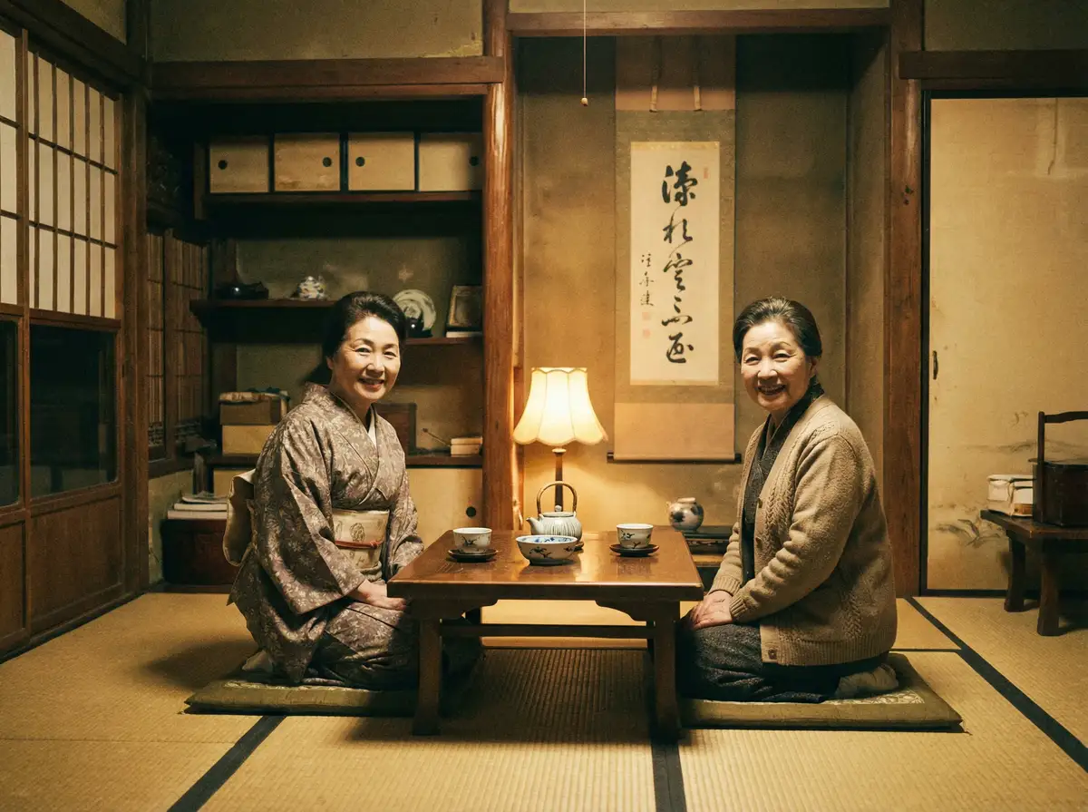 两位优雅的 龙珠体育平台 在日式茶室中品茶交谈